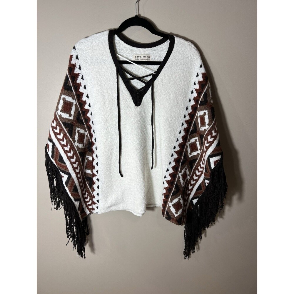 Idyllwind Miranda Lambert Poncho Sweater Southwest Geometric Fringe Tan Large